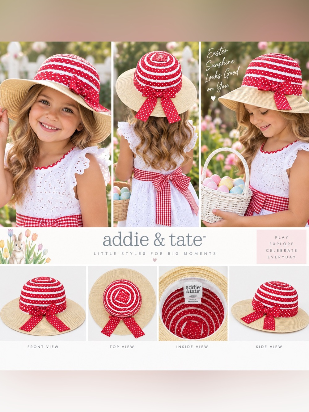 Kids Sun Hat👒~ Neutral w/Red & White Polka Dots on grosgrain ribbon w/bow {NWT}